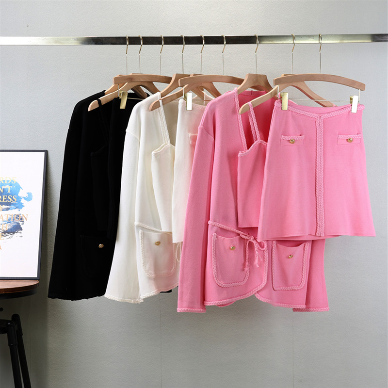 Three Piece Set Streetwear Knitted Sweet Women Sweater Cardigan Camisole + Skirt Sets Fashion Knit 3Pcs Suits Ensemble Femme