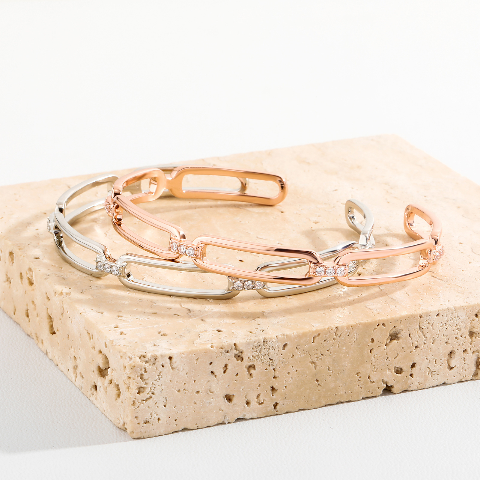 White Gold And Rose Gold Two Tone Open Cuff Bracelets Set Female Ins Hip Hop Hollow Chain Simple Design Bangle Bling Cubic Zirconia Jewelry Bijoux Pul