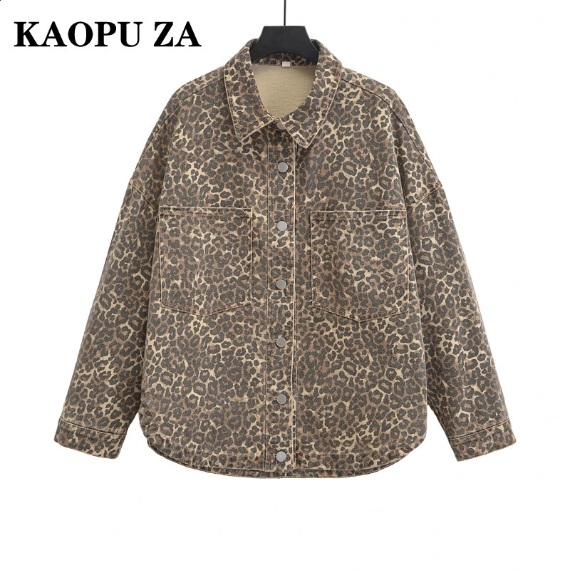 KAOPU ZA Womens Notched Collar Leopard Print Shirt Jacket Long Sleeve Casual Denim Vintage Fall Fashionable Jacket 241223