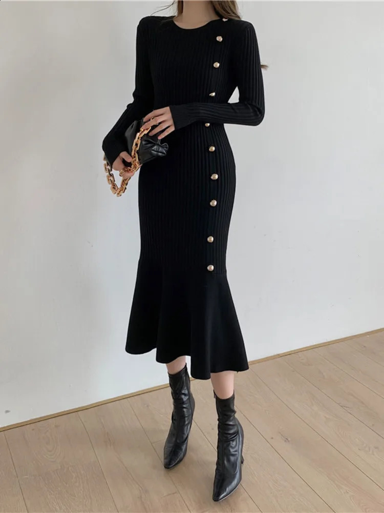Autumn Warm Korean Fashion Woman Elegant Clothing Knitted Vintage Dresses Sweater Dress Femme Winter Vestido Feminino Thicken 241218