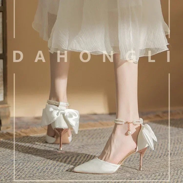 Silk Ankle Pearl White Pump 8cm High Heels Womens Pump Stiletto High Heels Sexy Bow Wedding Bridal Shoes Plus Size 241223