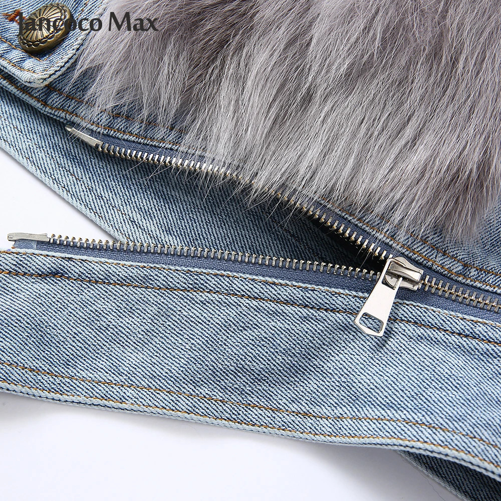 Womens Fox Fur Denim Jacket With Fur Parka Winter Warm Down Coat Lady Fashion Style Clothing Outerwear S3503 241223
