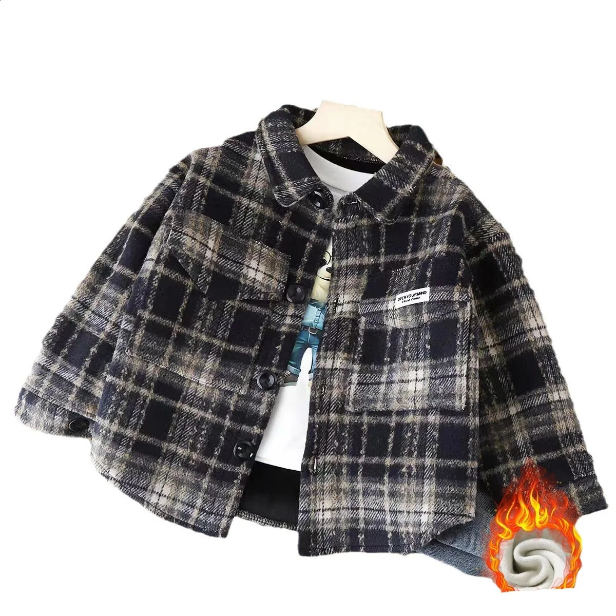 Autumn Winter Children Boys Overcoat Turndown Collar Single Breasted Kid Girls Plaid Coat Thicken Velvet Warm 1-12Y Girls Jacket 241223