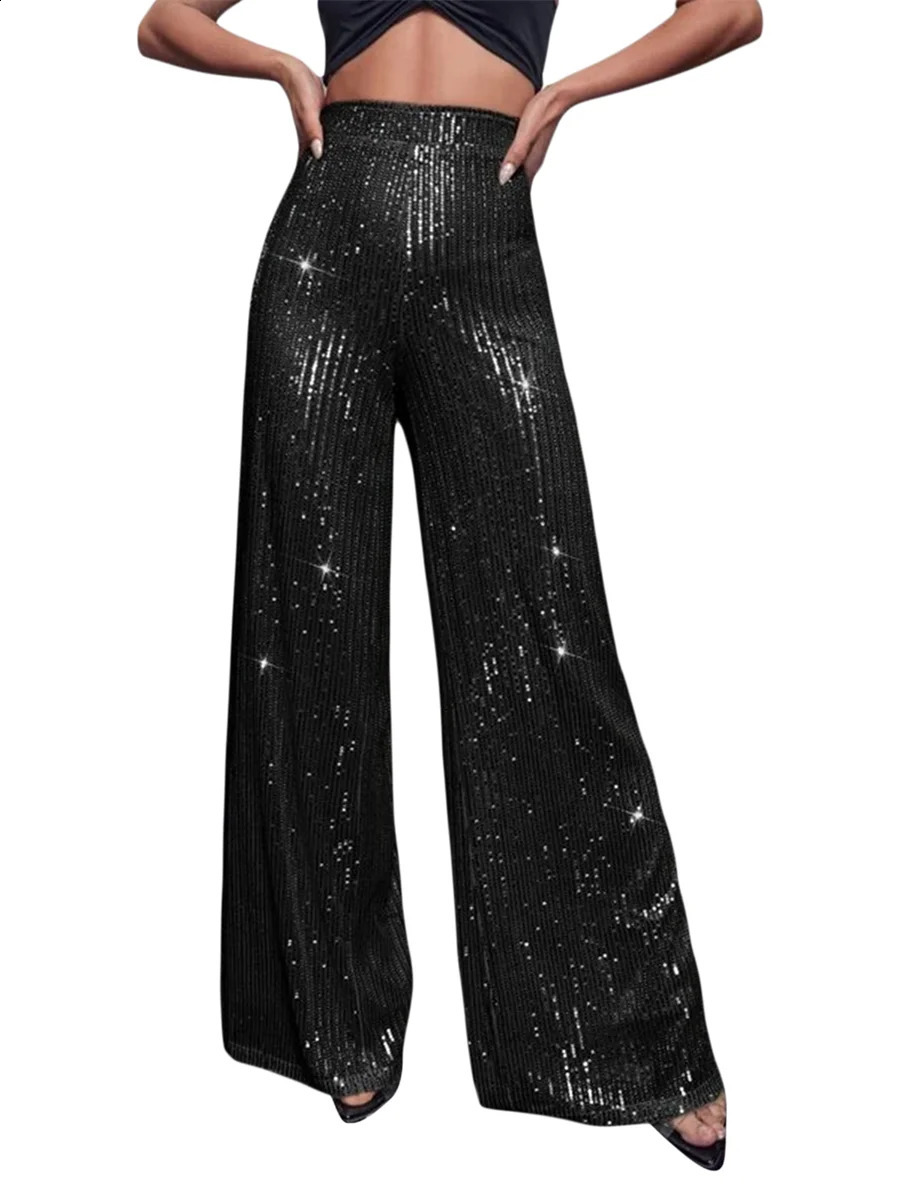 Women Sequin Flare Pants Sparkly High Waist Wide Leg Bell-bottom Trousers Slim Party Club Shiny Pants Clubwear 241220
