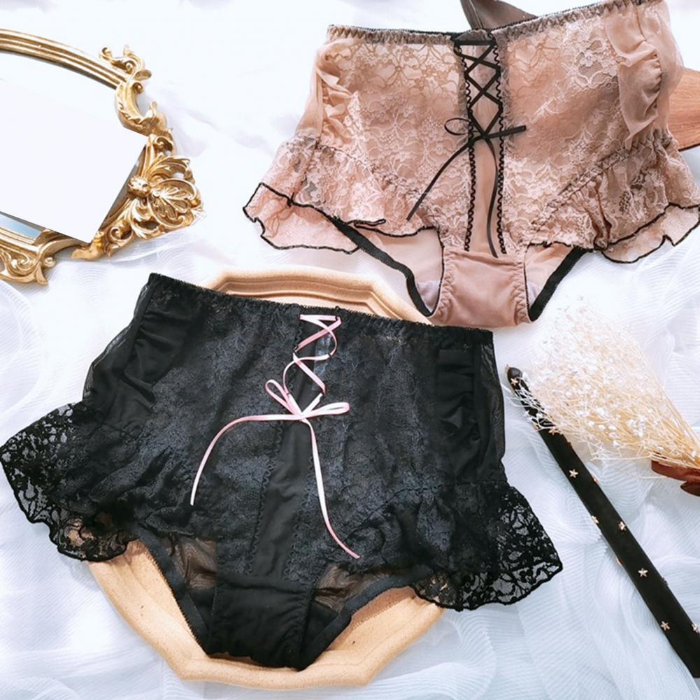 Women Underwear High Waist Cross Lace-up Briefs Lightweight Lace Trim Hip Lifting Mesh Yarn Panties Daily Wear