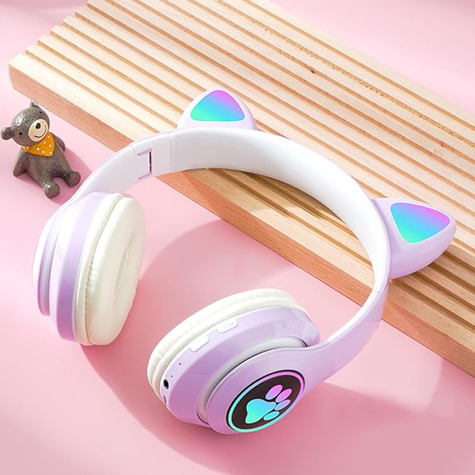 Bluetooth Headphones for Kids, Cute Ear LED Light Up Foldable Headphones Stereo Over Ear with Microphone/TF Card Wireless Headphone for iPhone/iPad