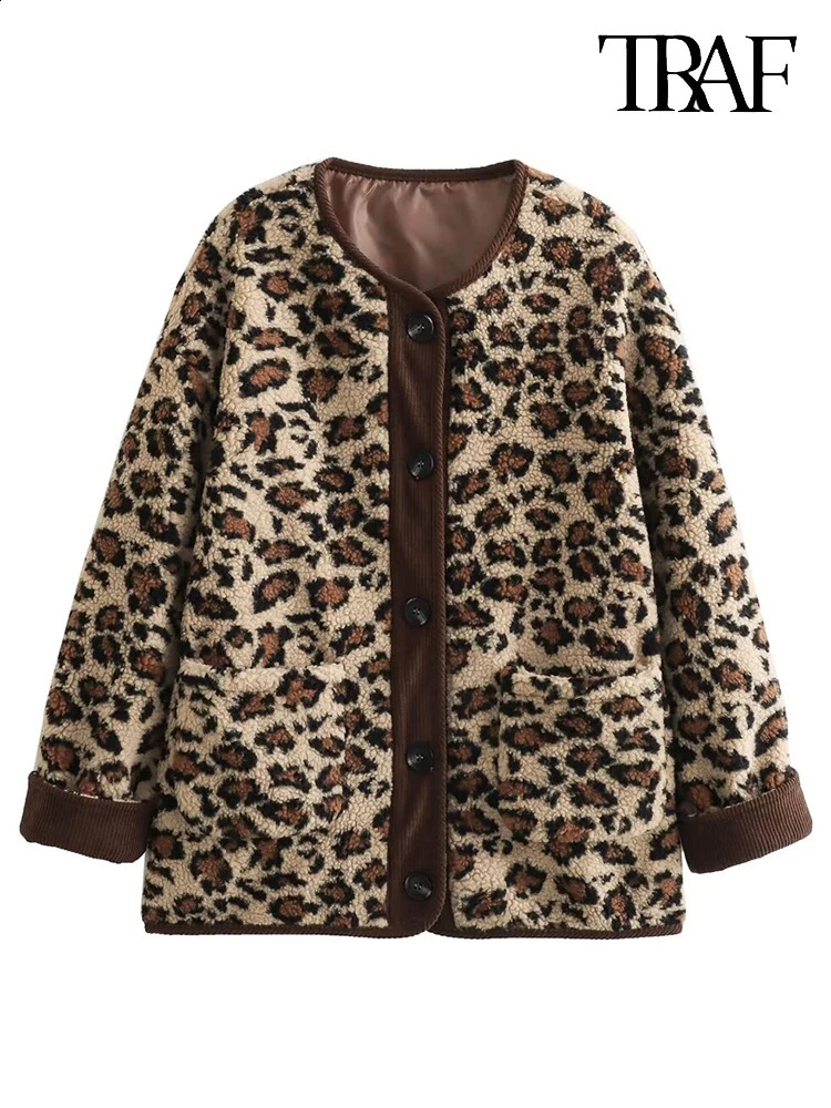 TRAF Womens Fashion Autumn and Winter Retro High Street Leopard Clash Color Thickened Warm Lamb Wool Coat 241218