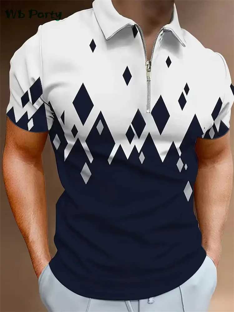 Geometric print mens clothing design mens lapel short sleeved T-shirt mens simple mens clothing 2024 top W241223