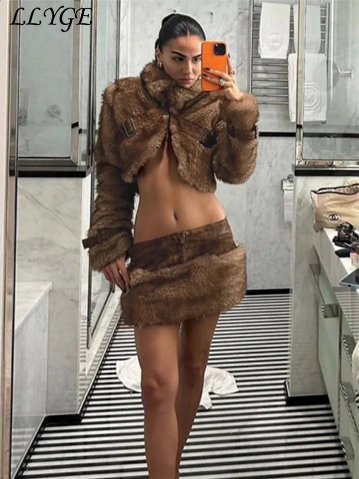 Sexy Crop Fur Coat Mini Skirt Sets Women Lapel Full Sleeve Coats Patchwork Leather Skirts Autumn Winter Lady Street Outfits 241220