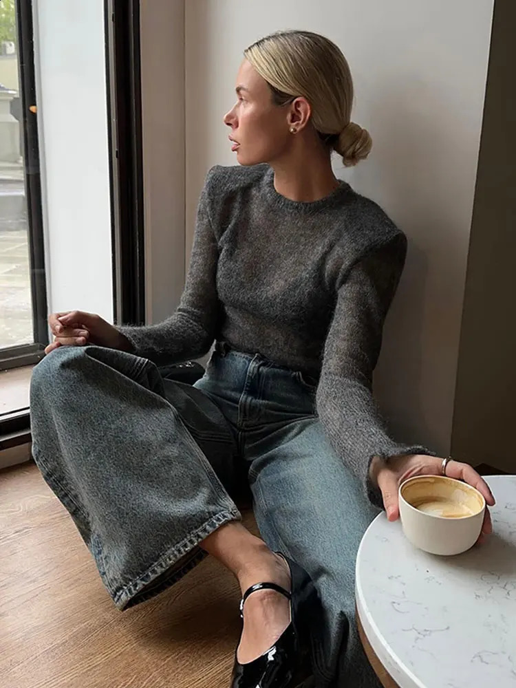 Fashion Solid Round Neck Thin Sweater Elegant Long Sleeve Bodycon Knitted Pullover Autumn Lady Commuting Street Outwear 241224