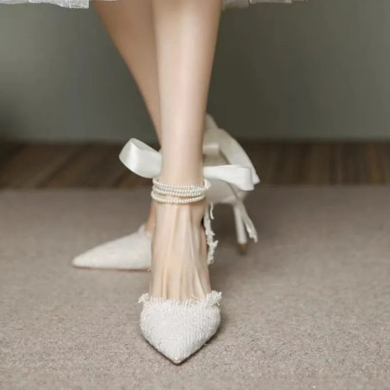 Womens Pump Wedding Beaded Pearl High Heels Womens Sexy Elegant Dot Toe Sexy Pearl Shoes 241223