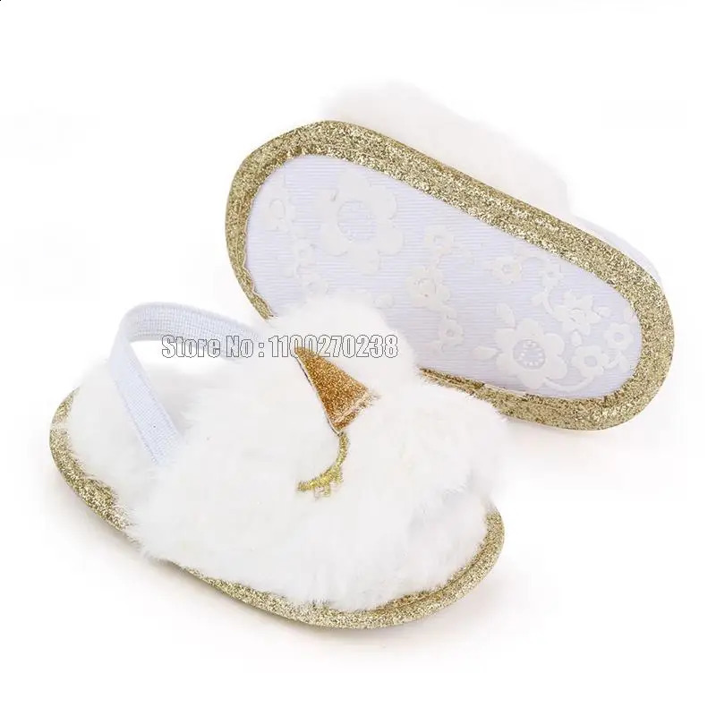 Infant Baby Girls Warm Fuzzy Unicorn Slipper Plush Sandals Soft Sole Faux Fur Flats Toddler Prewalker Slipper Elastic Back Strap 241223