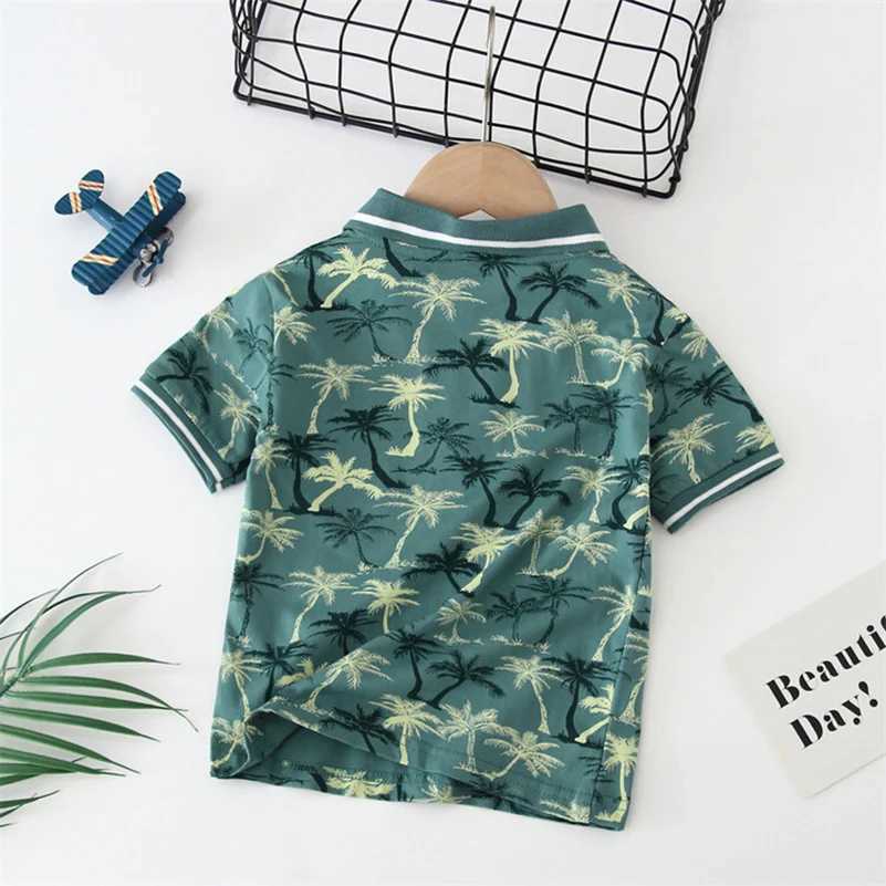 Summer Boys 2024 Korean Fashion Leisure Breathable Flip up Printed Coconut Tree/Polo Shirt/2-7 Years Old W241223