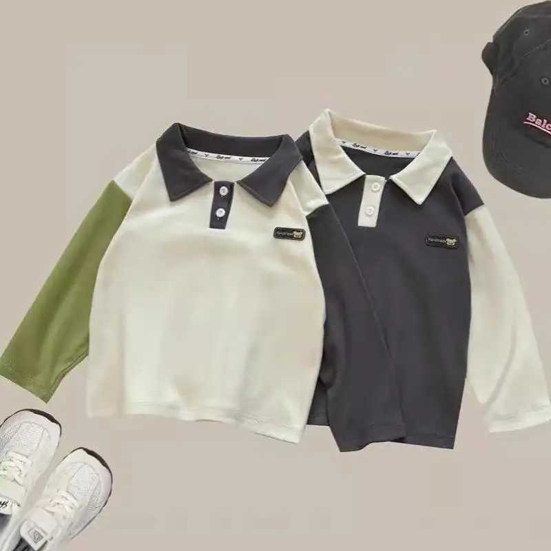 2-13y Childrens Polo Shirt Childrens Long Sleeve T-shirt Spring and Autumn Baby Boys and Girls Clothing Collar Patch Work School Top y12 W241223