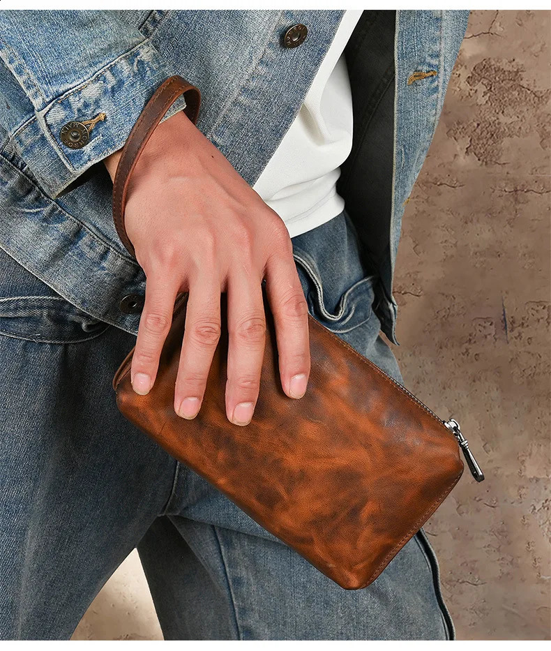 Vintage Mens Clutch Bags Genuine Leather Handbag Male Long Money Wallets Phone Pouch Man Clutch Soft Leather Coin Purse 241224