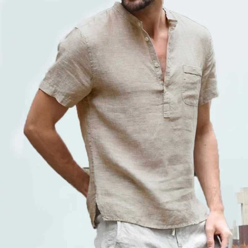 2023 new hot cotton hemp rope short sleeved mens T-shirt stand up collar button simple short sleeved shirt S-5XL W241223