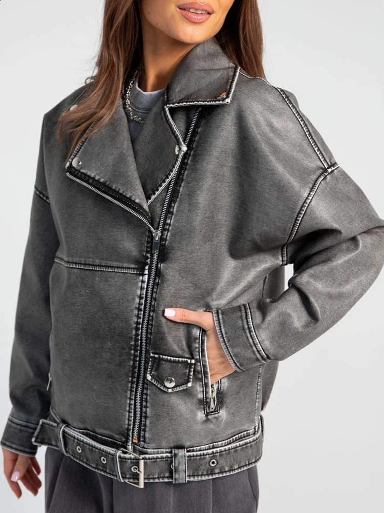 Ailegogo Spring Autumn Women Vintage Loose Faux Leather Jacket Streetwear Female Retro Zipper Belt Coat Outwear 241218