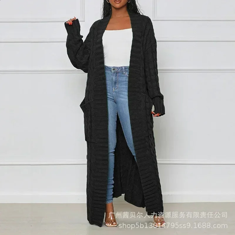 Open front cable knitted long line cardigan womens long sleeved loose fashionable casual open cardigan knitted solid color 241223