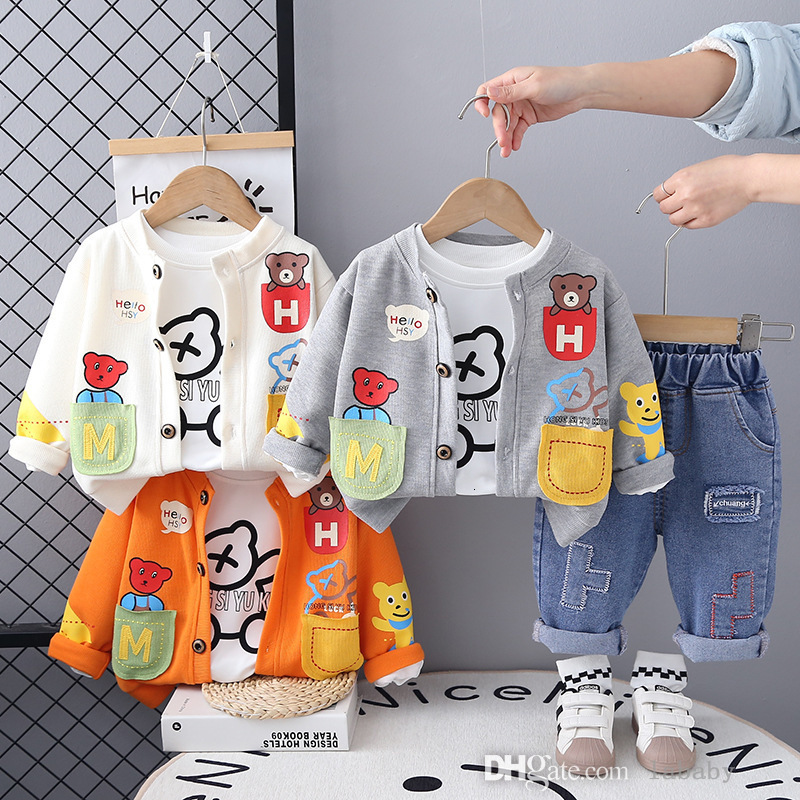 Kids Trackuit Baby Clothes For Boys And Girls Knitted Cardigan Sets 2025 Fashion Three 3 Piece Set Long Sleeve Handsome Pocket Bear Jacket Coat Jeans Pants