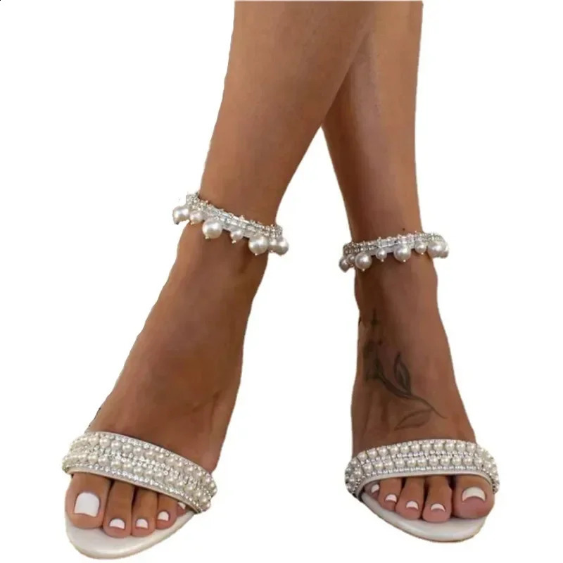 pearl high heels womens open toe rhinestone sandals thick high heels womens sexy wedding shoes bride 241223
