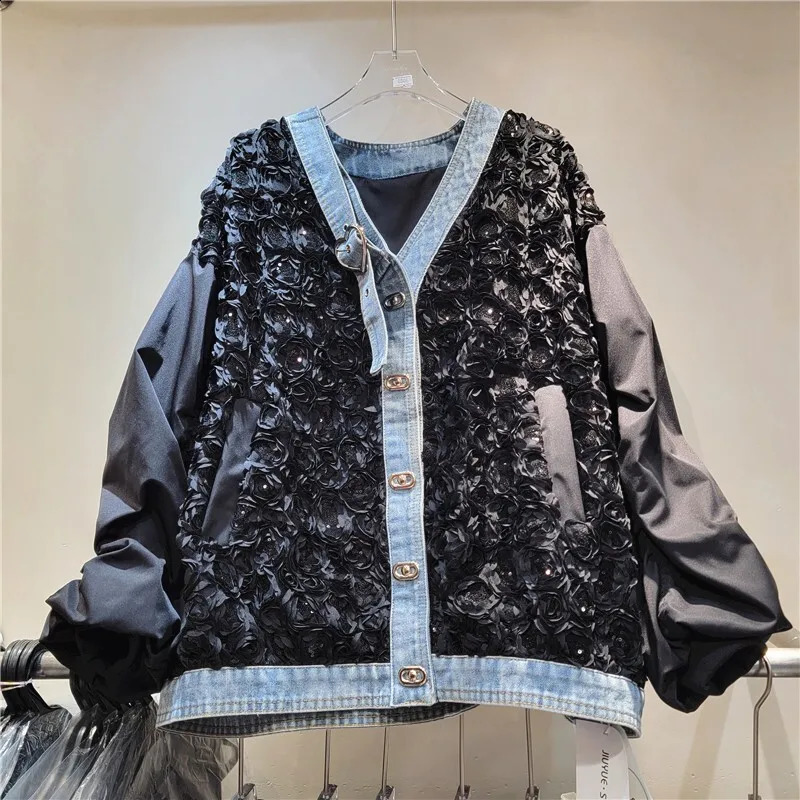 DEAT Womens Coat Patchwork Denim Pleated Flowers Sequins Gold Buttons Loose Elegant Jackets 2025 Spring Fashion 29L9418 241218