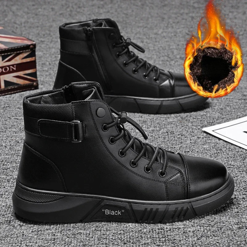 Black Ankle Pu Leather High Casual Shoes For Men Autumn Comfort Platform Boot Winter Fur Boots Botas De Trabo Hombre