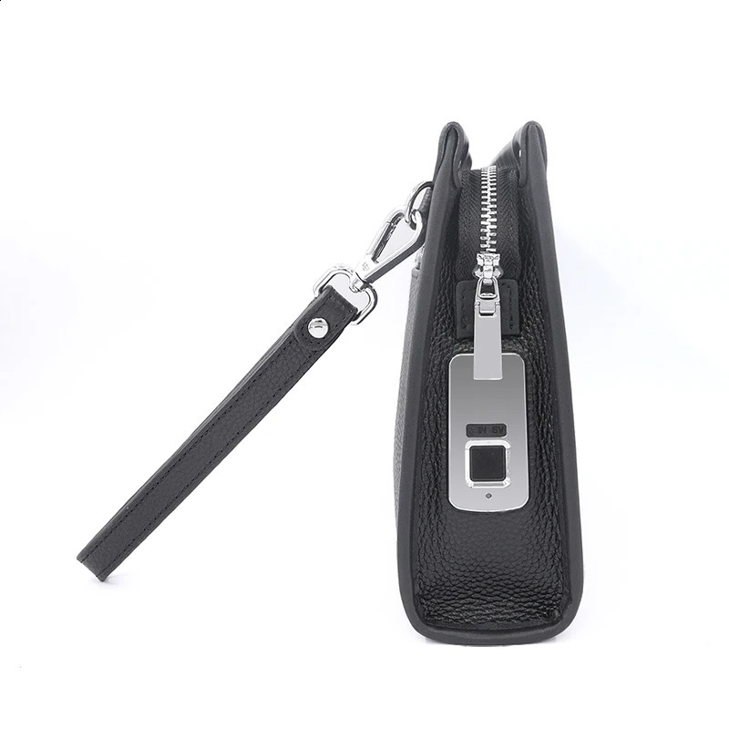 Fingerprint Lock Business Office Bag Handbag Men Black Genuine Top Cow Hide Leather Zipper Clutch Bag For Man 241224