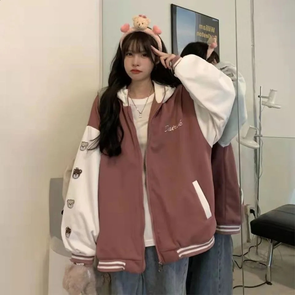 Womens Blue Print Casual Loose Jacket Baseball Hooded Coat Sports Style Autumn and Winter 241218