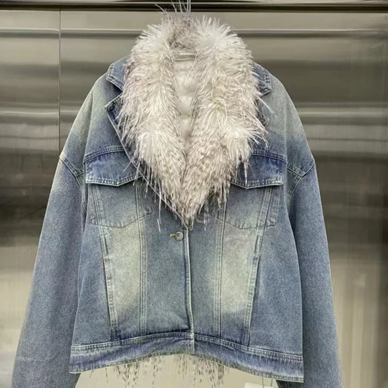 DEAT Winter Faux Fur Collar Denim Coats For Women Trendy Removable Inner Liner Single Breasted Jackets Fashion 29L9293 241223