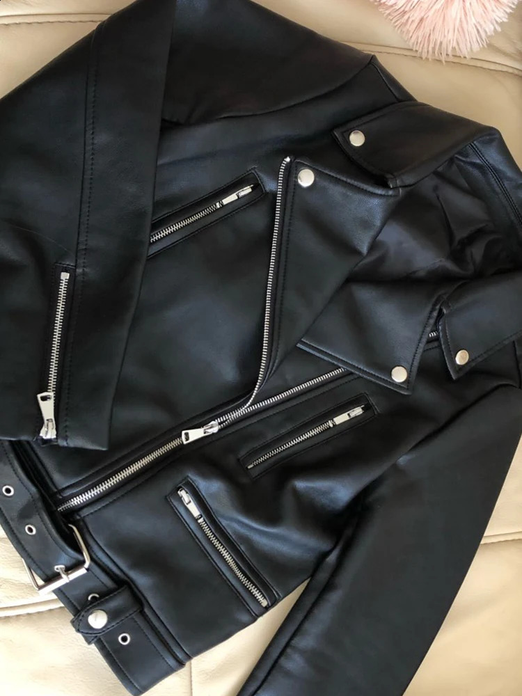 Ailegogo Spring Autumn Women Moto Biker Black Pu Fuax Leather Jacket Streetwear Female Belt Zipper Slim Fit Short Coat Outwear 241218