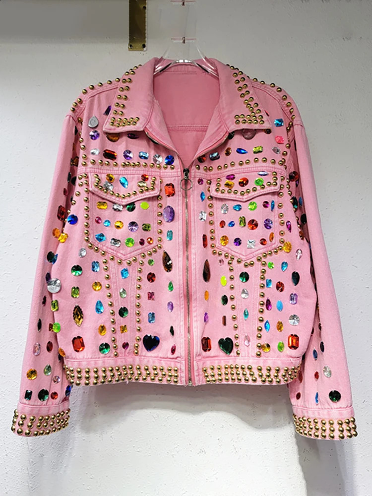 DEAT Womens Denim Coat Heart Diamonds Lapel Gold Rivet Pink Zipper Beading Single Breasted Jackets 2025 Spring Fashion 241223