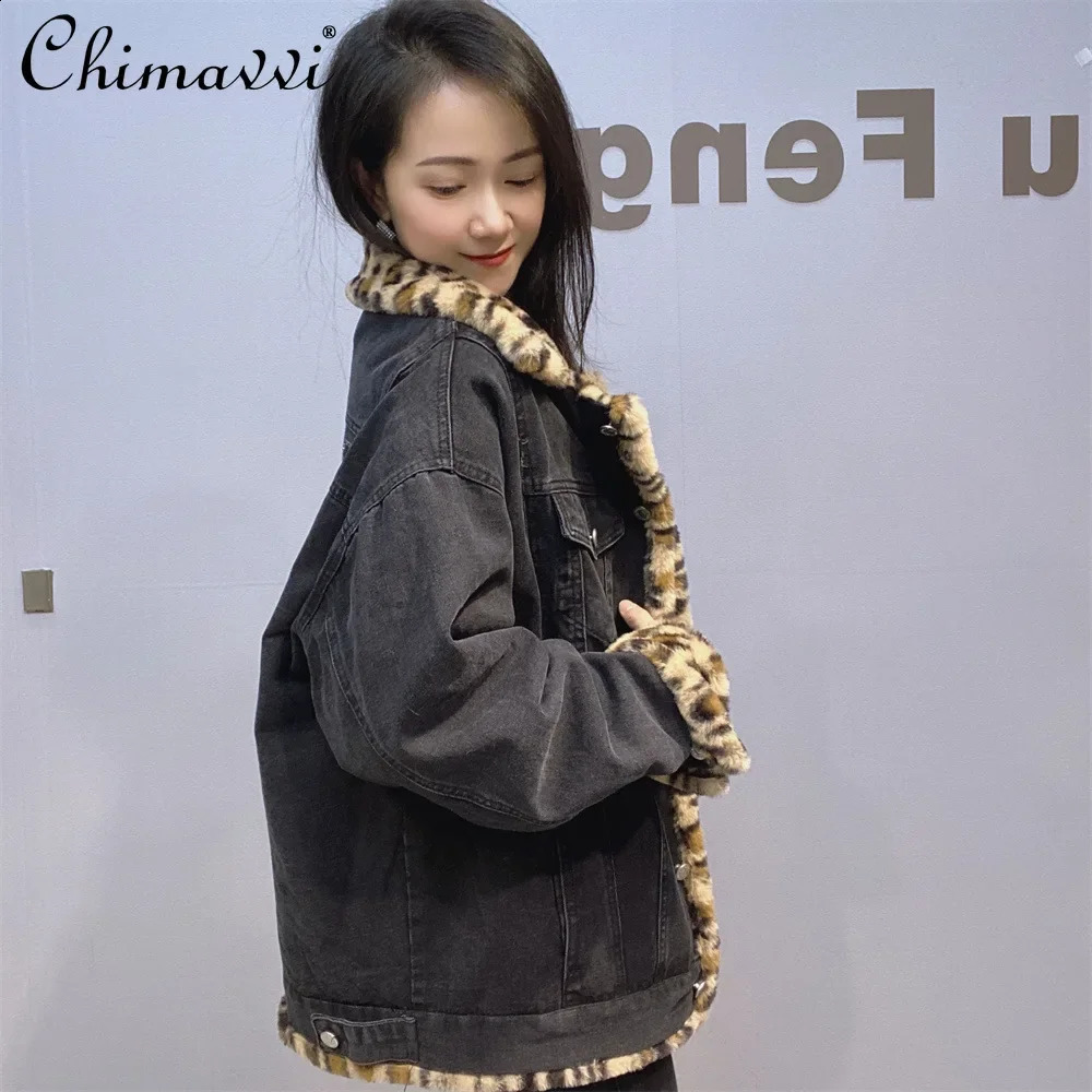Heavy Large Size Denim Jacket Wear on Both Sides Womens Front and Rear Diamond Fashion Thickened Leopard Print Furry Coat 241223