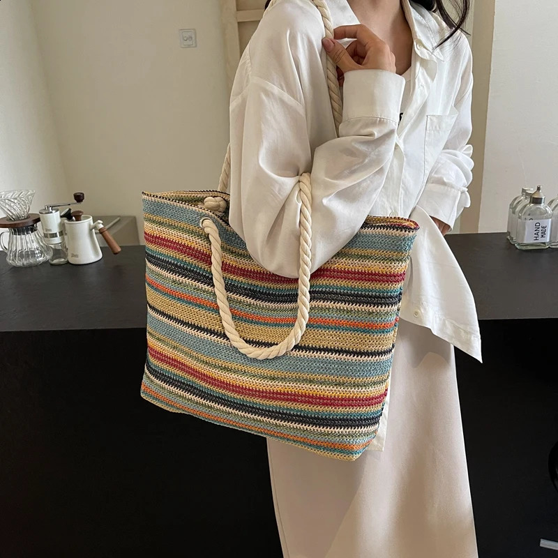 Straw Fabric Woven Women Tote Bags Rainbow Color Large Capacity Summer Beach Shoulder Shopper Bag Casual Commute Handbags 250314