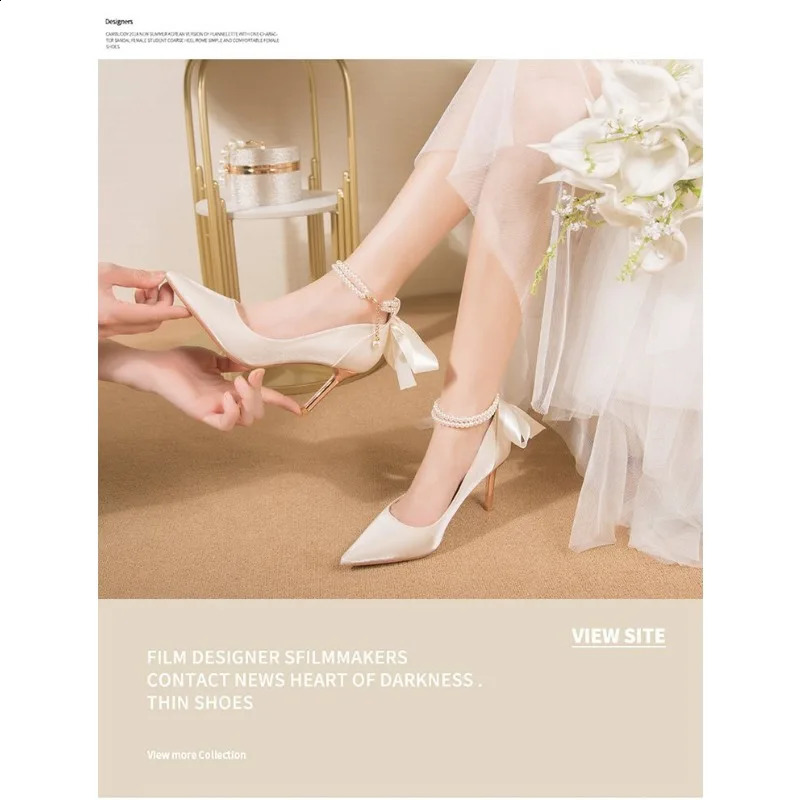 Size 34-40 fine high heels toe pearl buckle strap 9cm high heels womens bow satin fabric white wedding dress womens pump 241223