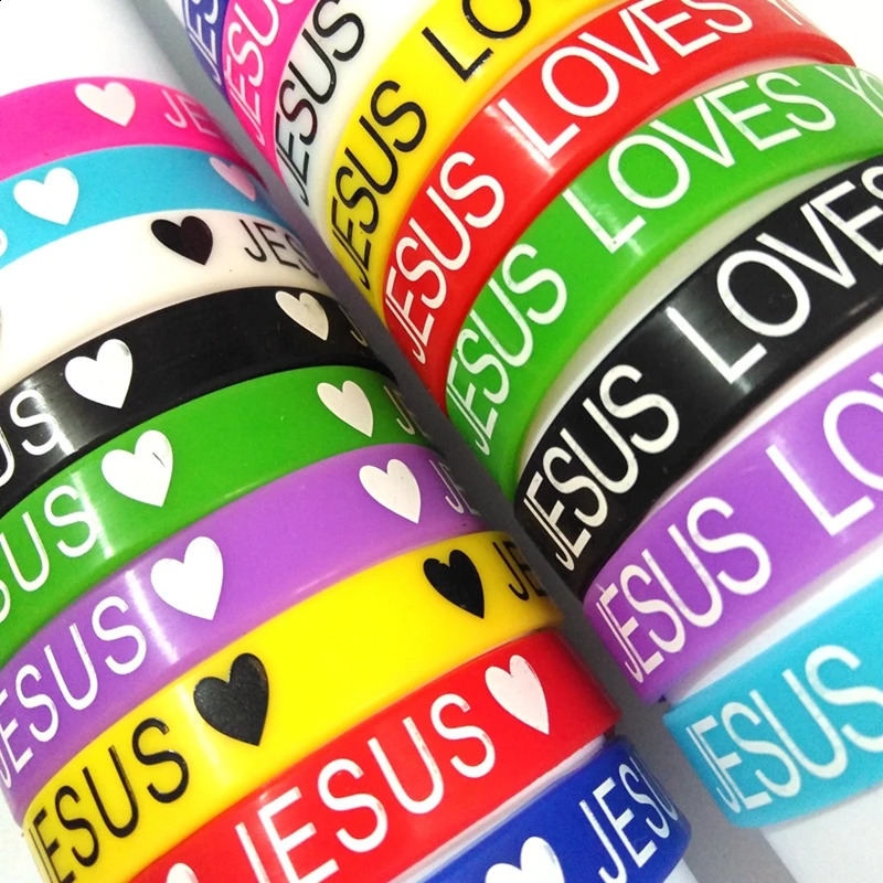 50pcs JESUS silicone Bracelets JESUS LOVES YOU rubber Wristbands Men Women Religious Cuff Children Jesus Jewelry Wholesale 241224