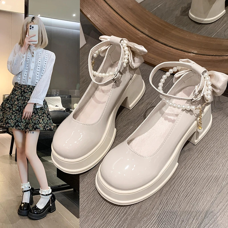 Year Summer High Heels with Skirts Business Table Tennis Shoes Womens Pearl Buckles Mary Jane Shoes 241223