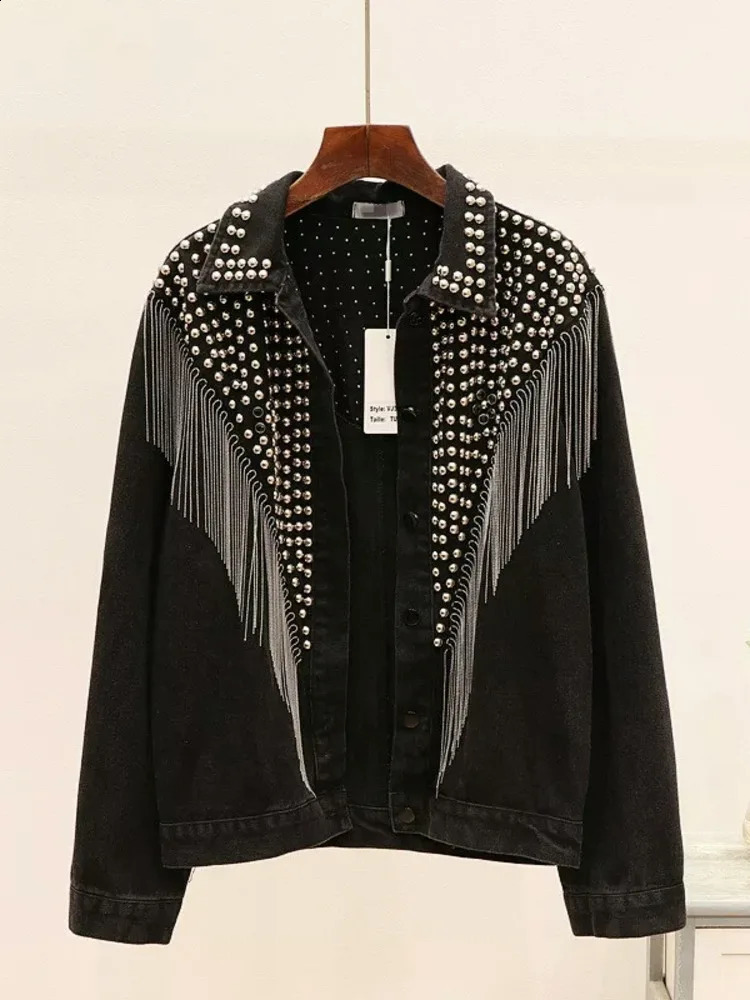 Autumn Denim Jacket Coat Women Rivet Tassel Chain Short Coats Woman Loose Streetwear Long Sleeve Black Coats Abrigo De Mujer 241223