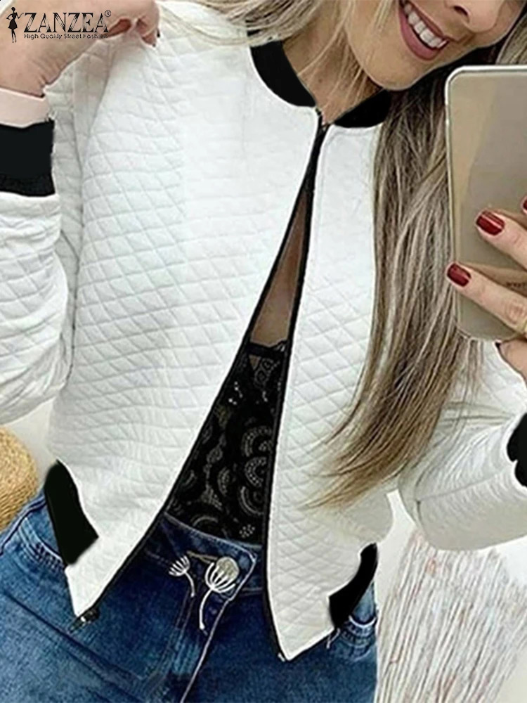 ZANZEA Women Pattern Jacket Autumn Long Sleeve Short Coats Vintage Zipper Round Neck Outwears Casual Loose Baseball 241218