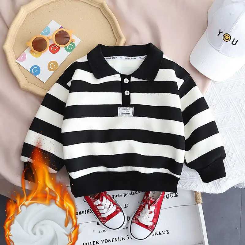 New Winter and Autumn Childrens Striped Shirt Long Sleeve Polo Shirt Childrens Boys and Girls Thick Collar Zipper Top Childrens Clothing W241223
