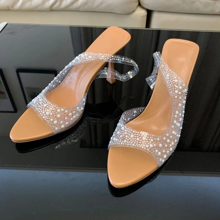 Summer Fashion Womens High Heels Pearl Decorative Elastic Back Womens Pump Leather Toe High Heels Sandals Elegant Womens Shoes 241223