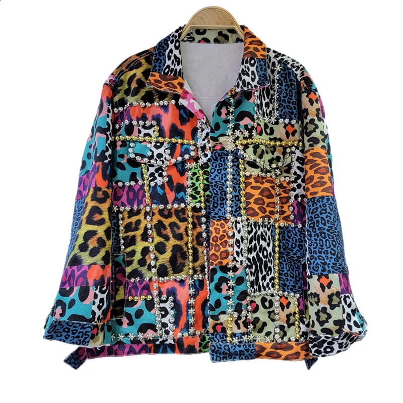 Heavy Work Rivet Beading Leopard Print Denim Jacket Women Short Cow Outerwear Loose Casual Long Sleeve Jeans Jackets Female 241223