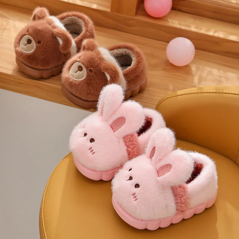 Childrens Cartoon Animals Heel Wrap Plush Slippers Soft Sole Non-slip Winter Warm Baby Boys Girls Indoor Home Cotton Shoes 241223