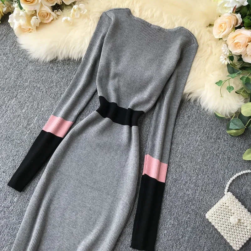 Women Autumn Winter Sweater Dress Fashion Patchwork V Neck Slim Elastic Warm Bodycon Pullovers Knitting 241218