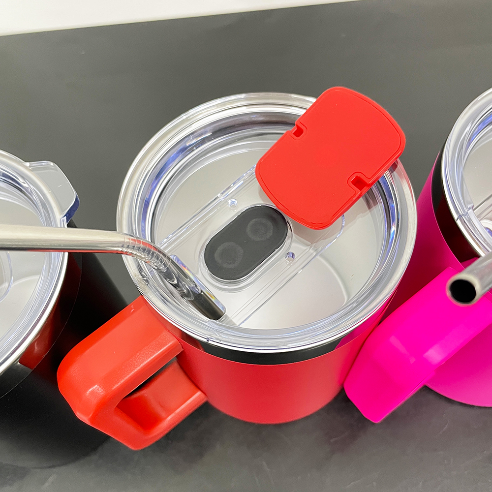 Magnetic sliding lid powder coated mirror black plated underneath travel Coffee stainless steel Mug vacuum insulated tumbler with removable plastic ha