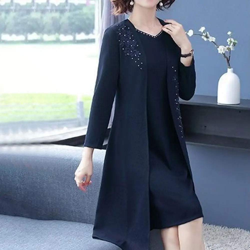 2pcsSet Womens Coat Dress Set Long Sleeve Flower Embroidered Solid Color V Neck Formal Elegant 241220