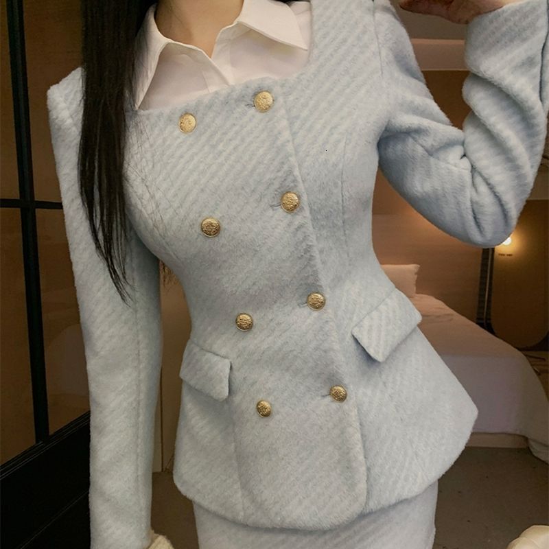 Autumn/Winter Socialite Sweet Girl Set Square Neck Slim Wool Coat Wrap Hip Short Skirt Two Piece Sets Women Outfits