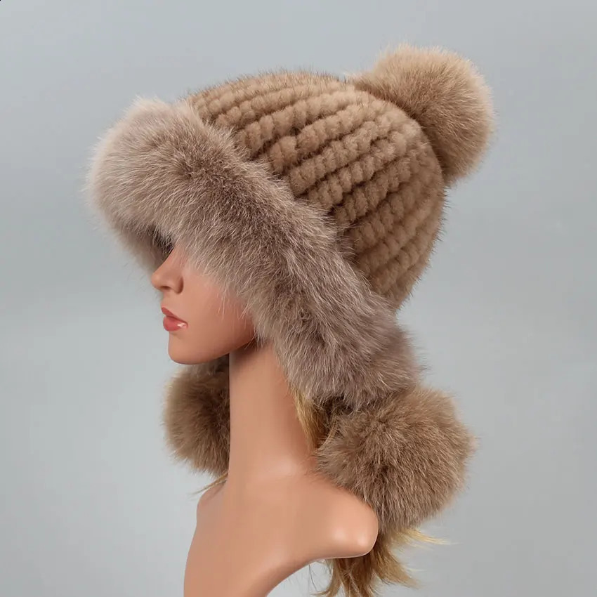 Real Mink Fur Hat with Fox Fur Ball Earmuffs Protective Cap Winter Hat for Women Russian Autumn Hat Fox Fur Beanies Fall Bonnets241224