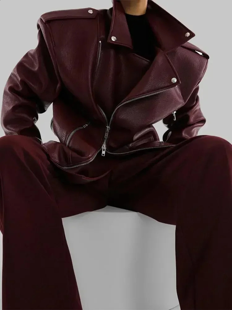 Women Burgundy Leather Double Zipper Motorcycle Jacket Fashion Loose Lapel Long Sleeve Pu Cropped Coats Autumn Female Streetwear 241220