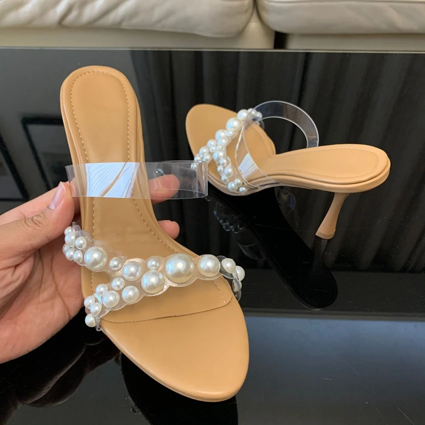 Summer Womens Pump Fashion High Quality Shoes Womens Pearl Stud Leather Toe High Heels Sandals 241223
