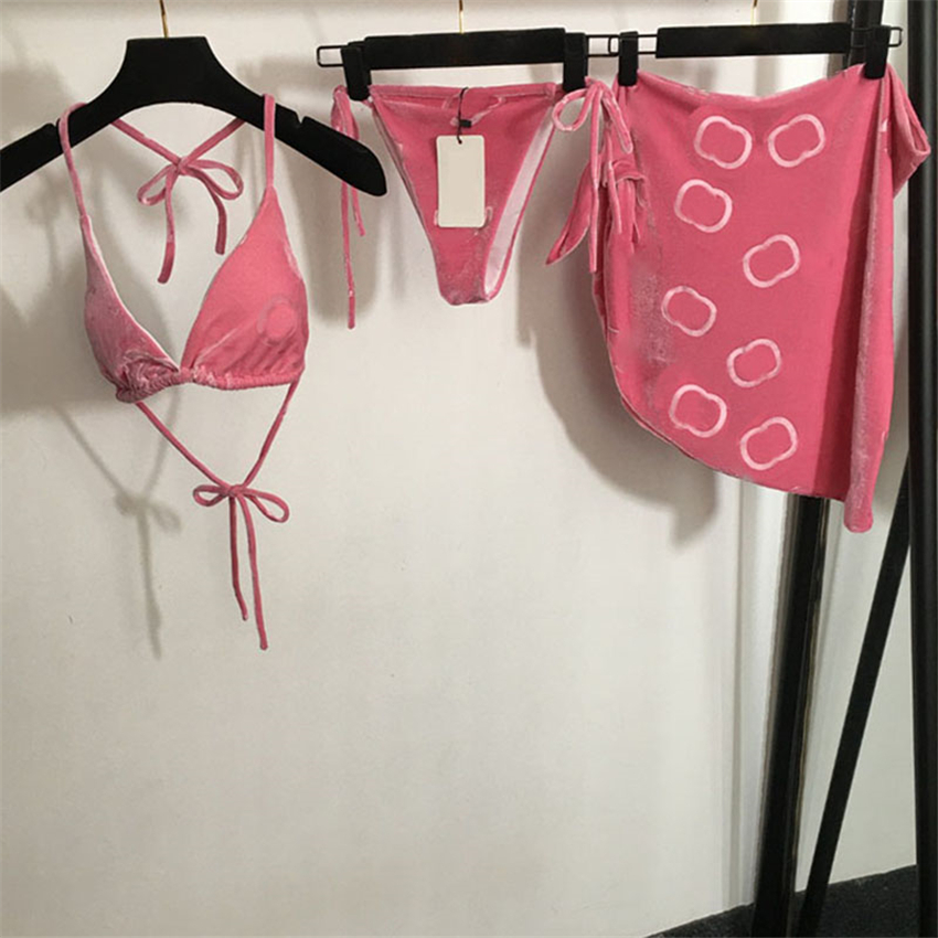Letters Velour Bikinis Skirt Set Women Pink Bikini Swimwear Beach Holiday Swim Bra Briefs with Tie Charming Sexy Halter Split Bathing Suits